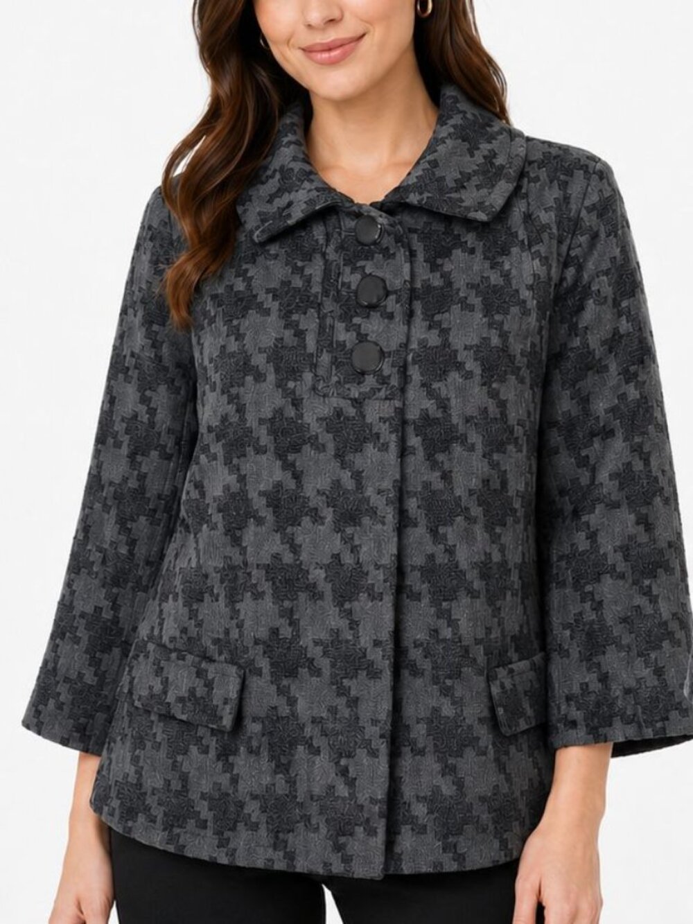 Chico's 2 L 12 14 Houndstooth Black Charcoal Flared Hem Lined Back Pleat Jacket